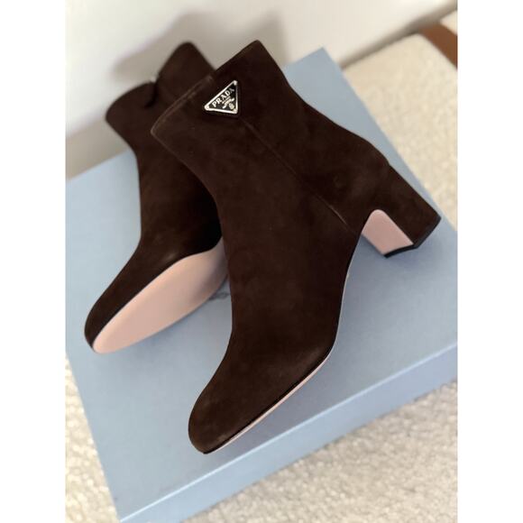 Prada Brown Suede Ankle Boots 37.5 | Logo Heel Zip Booties Made in Italy NIB - Picture 10 of 13